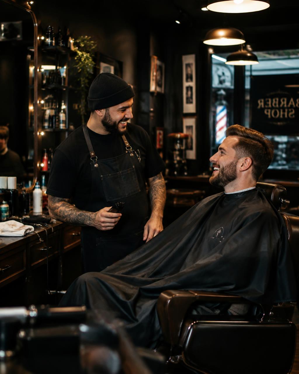 Barber and client sharing a laugh mid-cut