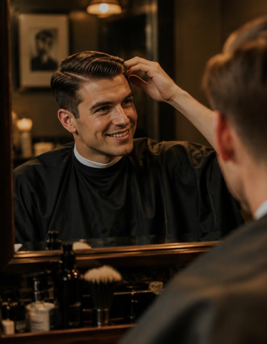 Client admiring his fresh side part