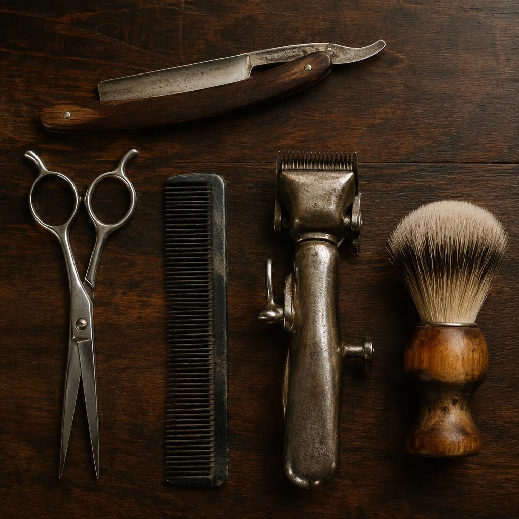 Barber tools on a walnut counter